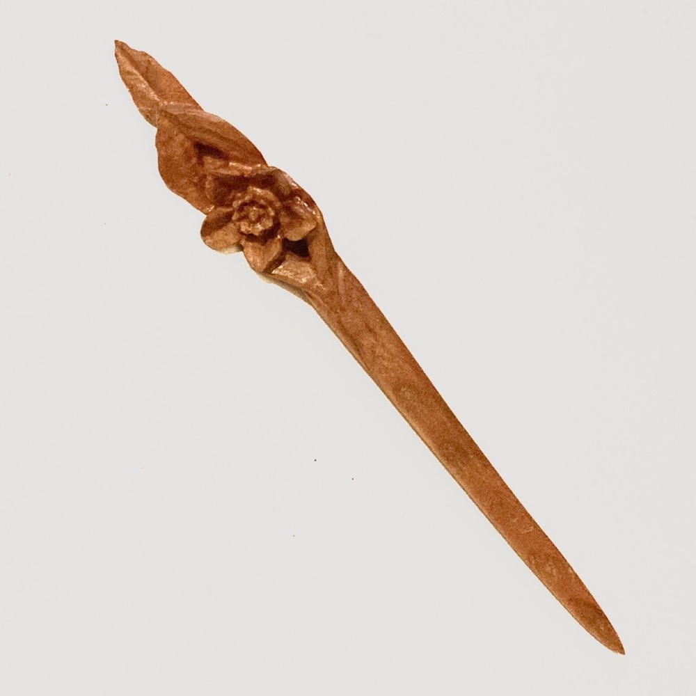 Floral hair pin stick hand carved wood handmade